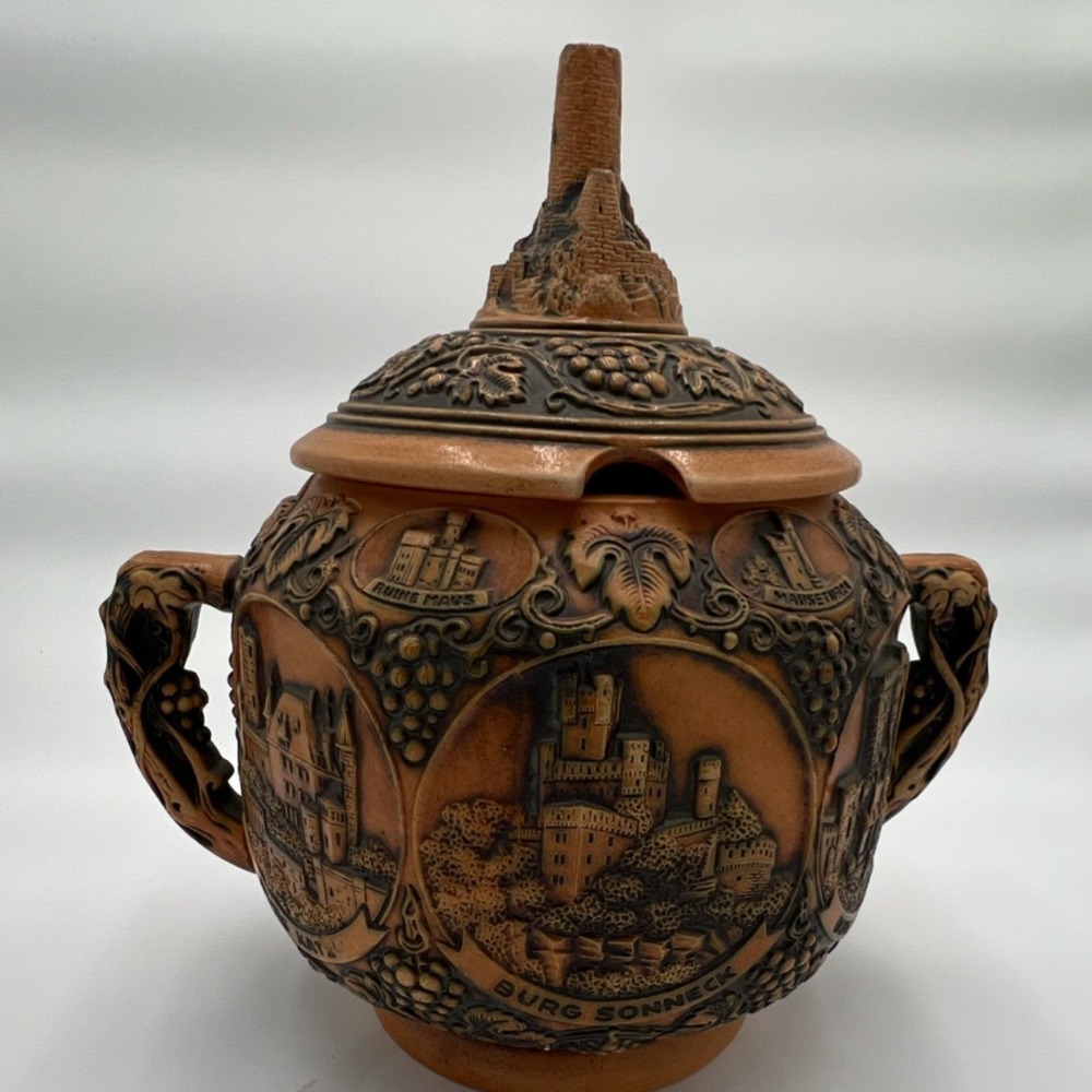 Ceramic Lidded Canister Jar Brown Round Castle Motif Pictorial Pattern